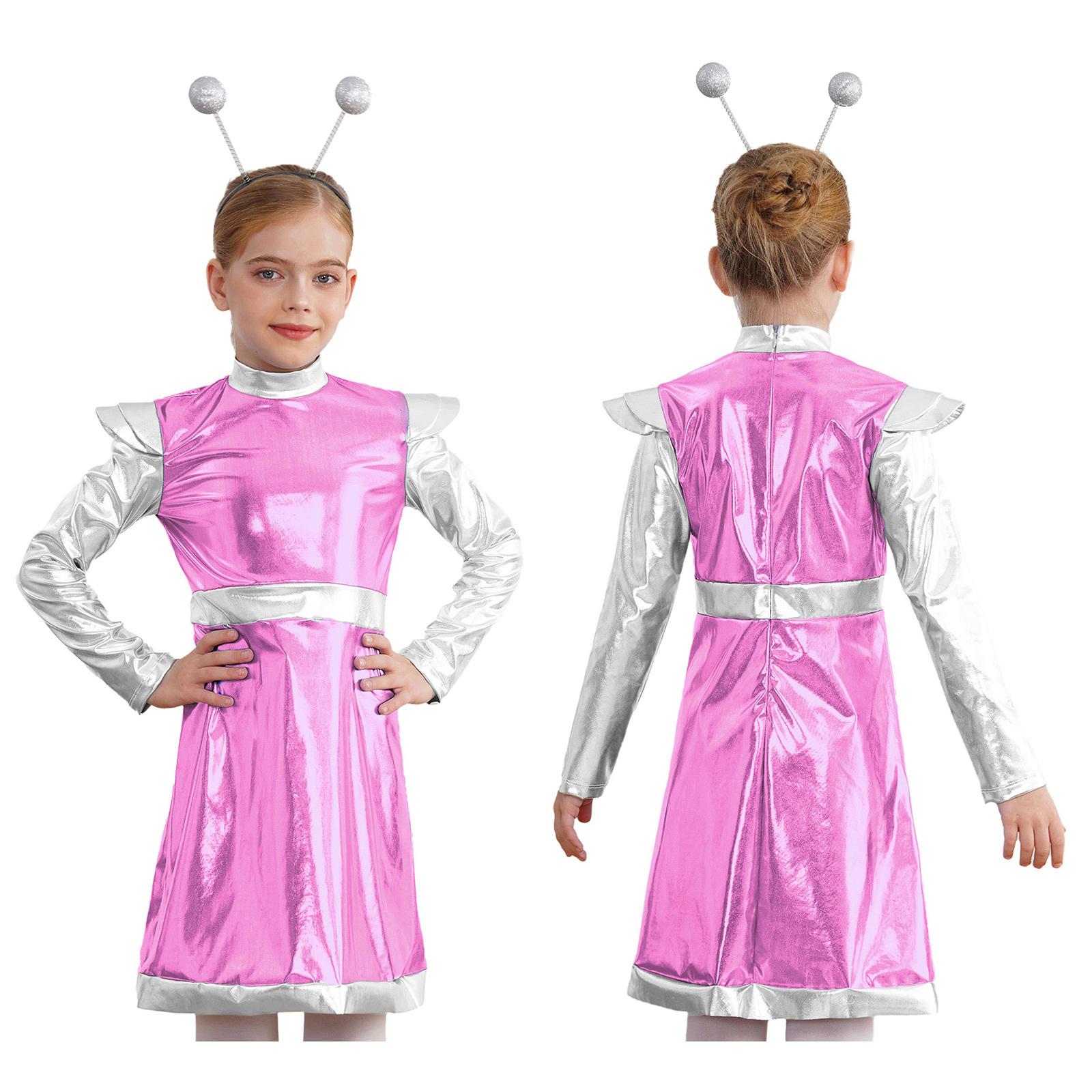 Alien Cosplay Kostüm für kleine Mädchen, Weltraum-Süßes Kostüm, metallisches Kleid mit Haarreif, Astronauten-Halloween-Party-Outfit 9-10 Years rosa