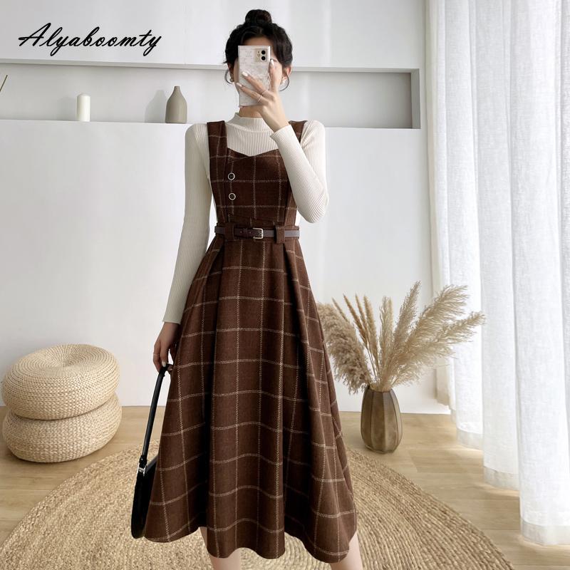 Mori Mädchen Herbst Winter Frauen Woolen Sommerkleid Khaki Blau Grün Woolen Tank Kleid Wolle Englant Ärmelloses Dickes Warmes Kleid XL braun