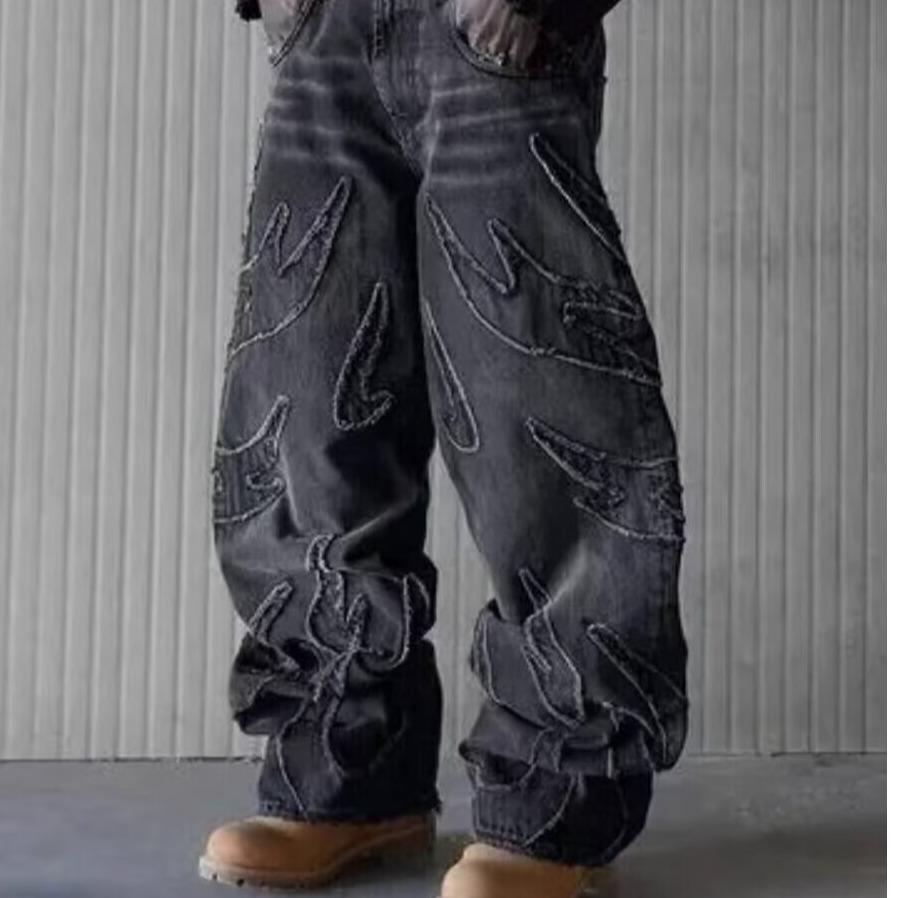 Y2k Hip Hop Baggy Jeans für Herren Distressed Retro Schwarze Hose Stickerei Harajuku Gothic Weitbeinige Hose Streetwear Hose S