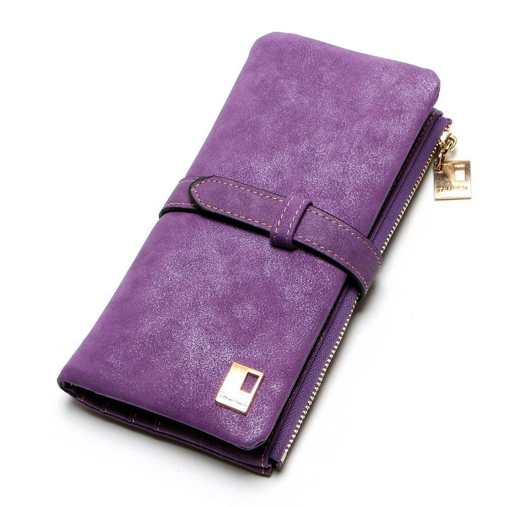 Damen-Geldbörse, Vintage-Stil, solides, langes Nubuk-Mattleder, Geldscheinklammer, Clutch, Marken-Designer-Geldbörsen violett