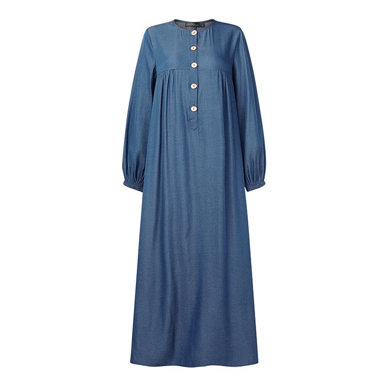 ZANZEA Damen-Kleid, lässig, Rundhalsausschnitt, lange Ärmel, lockeres langes Kleid 2XL blau
