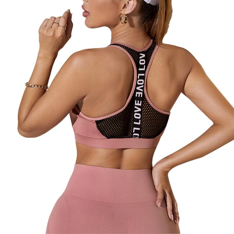 Damen Sport BH Fitness Buchstaben Yoga BH Cup Laufen Yoga Gym Fitness Crop Top Frauen Push Up Bralette Sport BHs L rosa