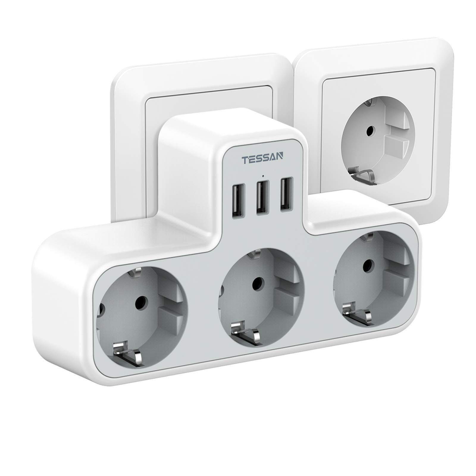 TESSAN Mehrfachsteckdose mit 3 AC-Steckdosen und 3 USB-Anschlüssen, 6-in-1-USB-Adapter mit Überlastungsschutz für Smartphone, Tablet 3 Outlets & 3 USB Ports graue