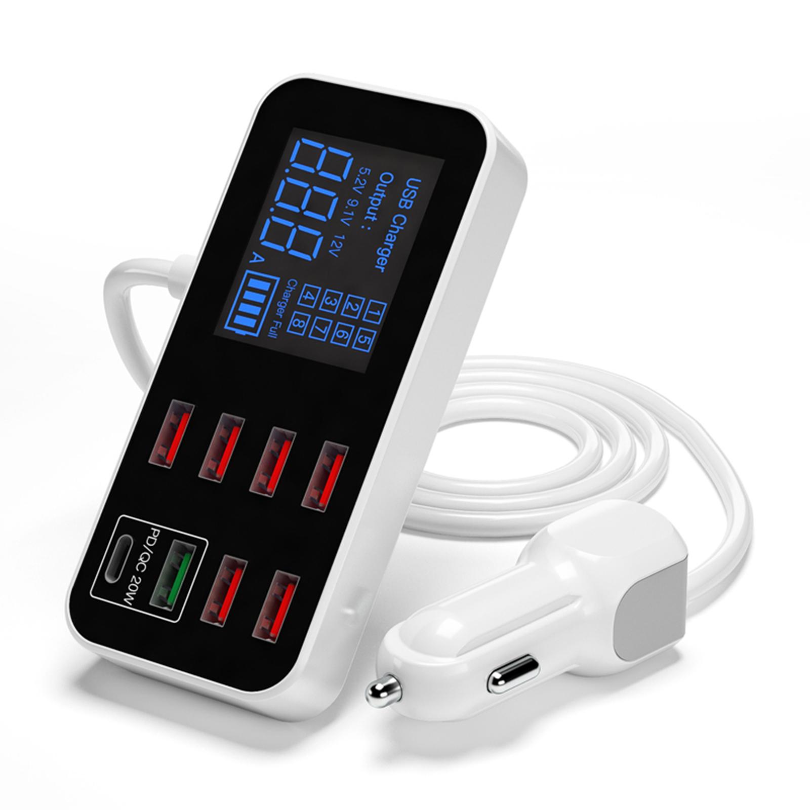 A9S+ 8-Port USB-Autoladegerät Schnelles Autoladegerät LCD-Display Ultradünner USB-Hub für Telefon-Tablets DVR weiß