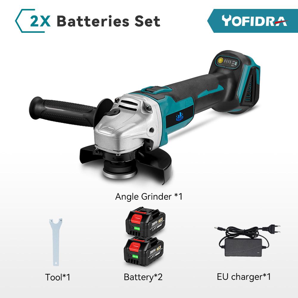Yofidra 125mm Bürstenloser Winkelschleifer 4 Gänge Akku-Schleifmaschine Schneiden Holzbearbeitung Elektrowerkzeug Für Makita 18V Batterie 2 Battery-EU