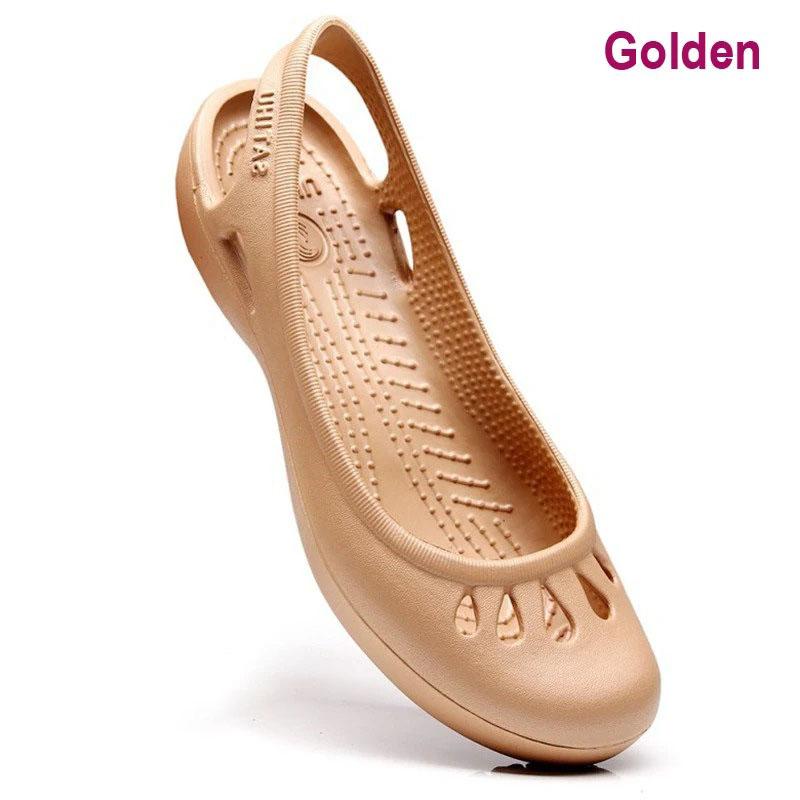 Sommer leichte Anti-Rutsch-Loch-Schuhe Clog für Damen Flache Unterseite Sandalen Krankenschwester Outdoor Strand Jelly W8 gold