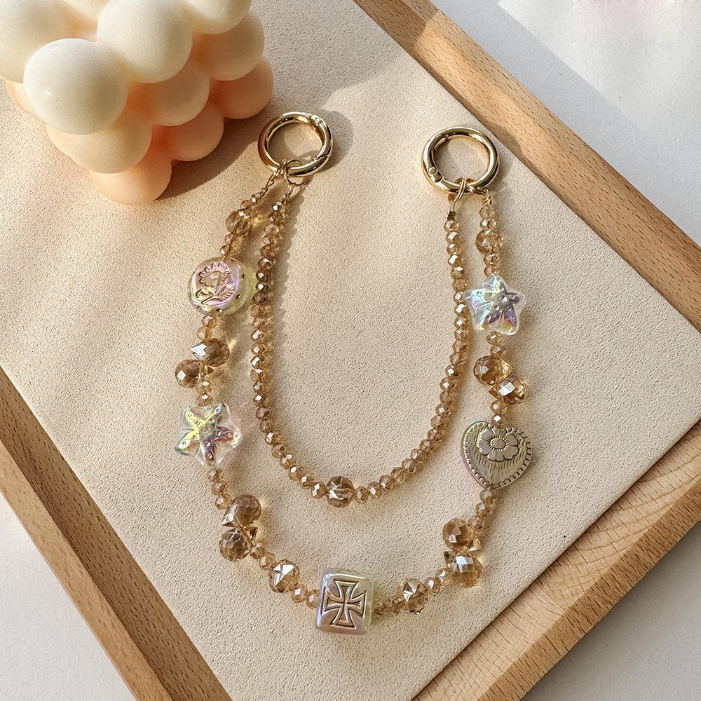 Luxus Champagner Handy-Lanyard Handgefertigte Perlen Doppelkette Tasche Anhänger Kristall Handy-Anhänger rose gold