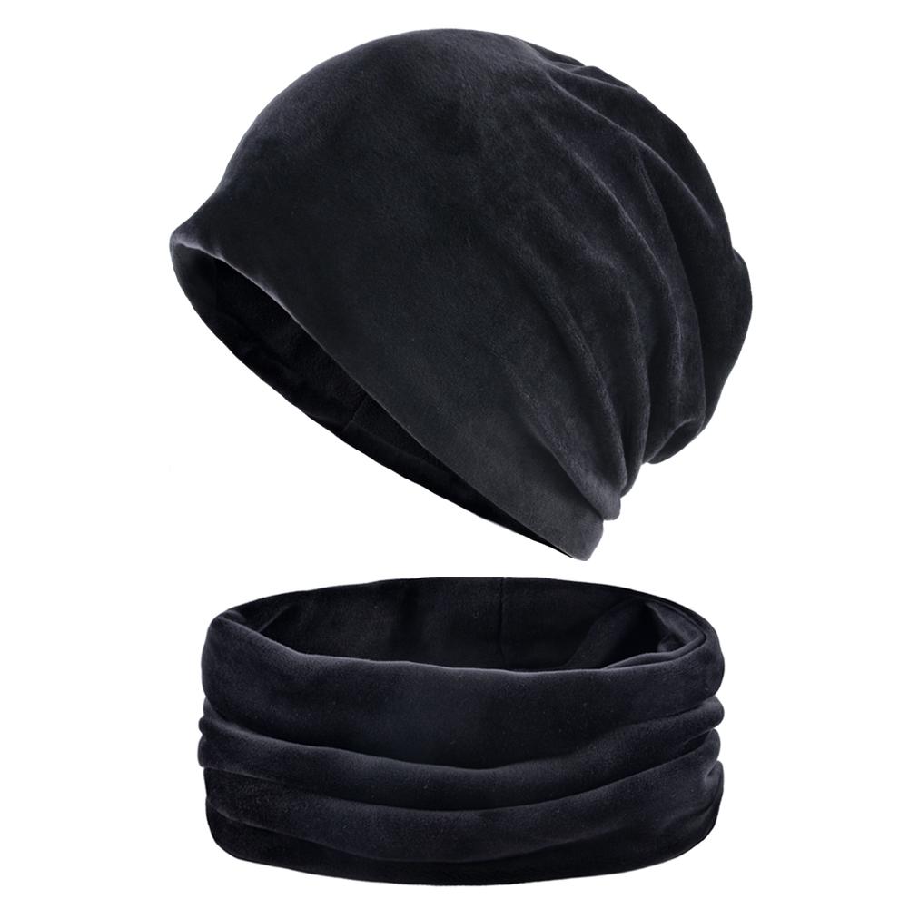 Einfarbiges Mützen- und Schal-Set für Damen, warme Samtmütze, Wintermütze, Turbanmütze für Damen 55-58CM schwarz