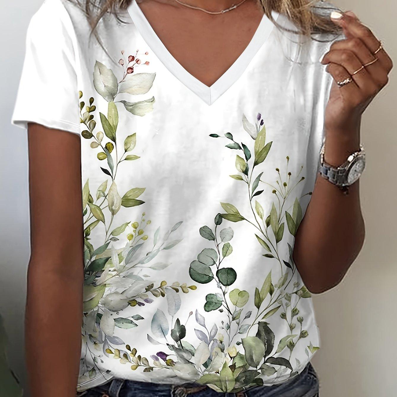 T-Shirt mit V-Ausschnitt und lebendigem Pflanzendruck – weiches, atmungsaktives, lässiges Kurzarmoberteil für entspannte Damenkleidung im Frühling und Sommer 3XL