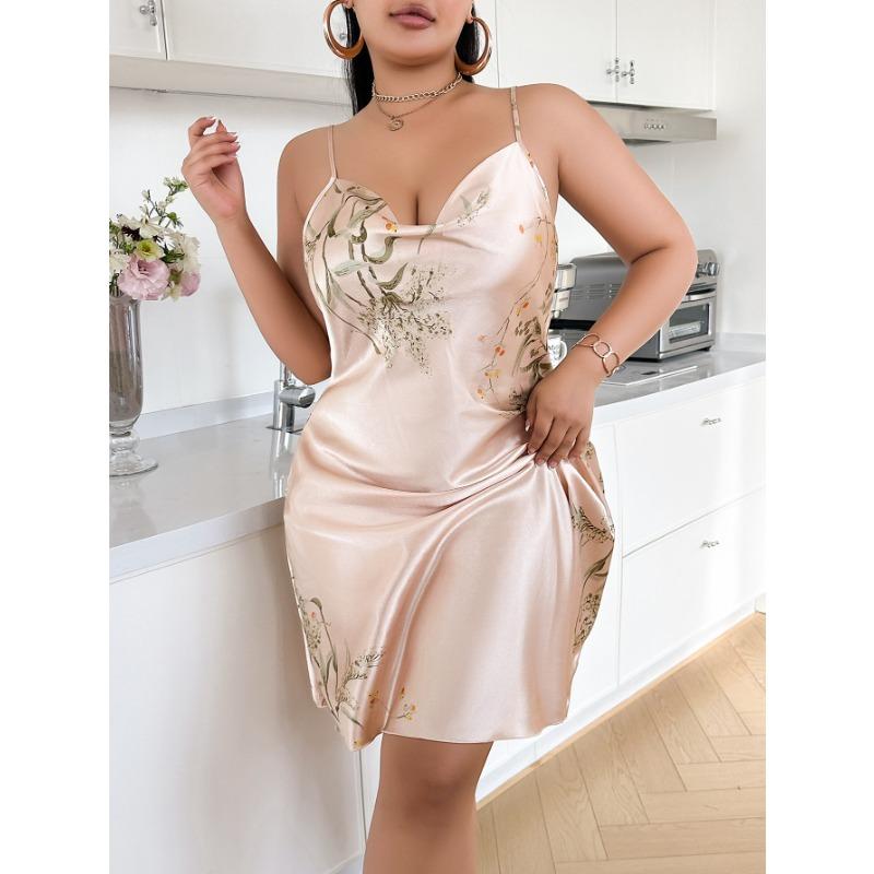 Übergröße Bedruckter Faux-Seiden-Pyjama für Damen, Sexy Polyester Neckholderkleid, Rückenfreies Hauskleid, Freizeit-Pyjama 1XL champagner