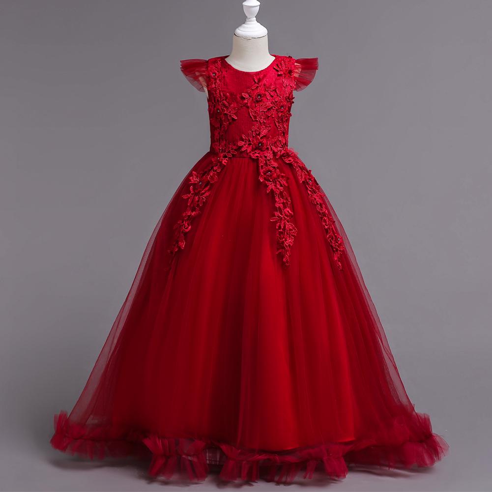 Kinderkleider Blumen Spitze Festlich Ärmellos Lange Kleider Für Mädchen Prinzessin Kostüm Mädchen Hochzeitskleider Kleidung 4-15 Jahre 120cm rot