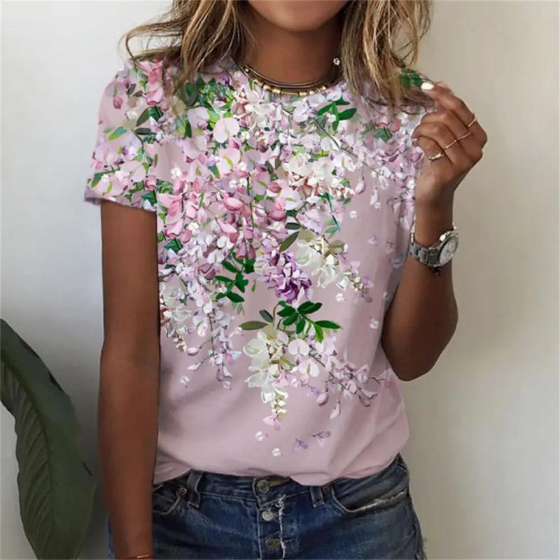 Sommer Damen T-Shirt Kurze Ärmel 3D Blumenmuster O-Ausschnitt Fashion T-Shirt Frau Lose Kleidung Übergroße Tops Y2k Kleidung M