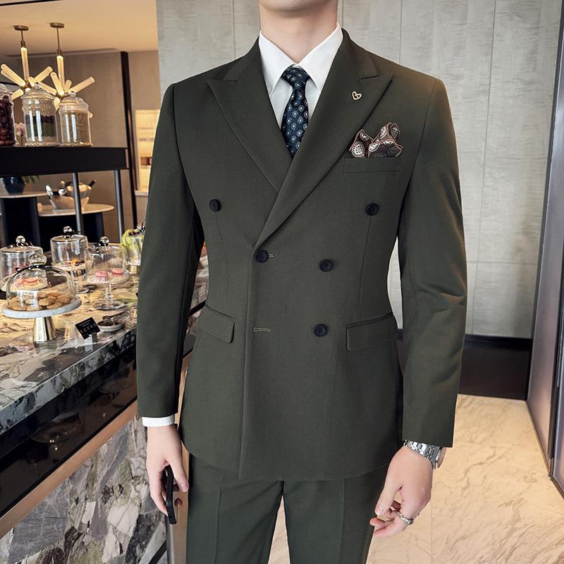 Herren Langarm Schleifenhals Zweireiher Anzug, High-End Business Casual einfarbiger Anzug XXXXXL dunkelgrüne