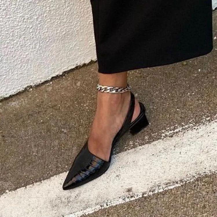 Mode frauen Spitz Zehen Pumpen Mid Chunky Heels Slingback Sandalen Schuhe Sommer Neue Vintage Frau Dame Weibliche Sandalen Hausschuhe Schuhe 43 schwarz