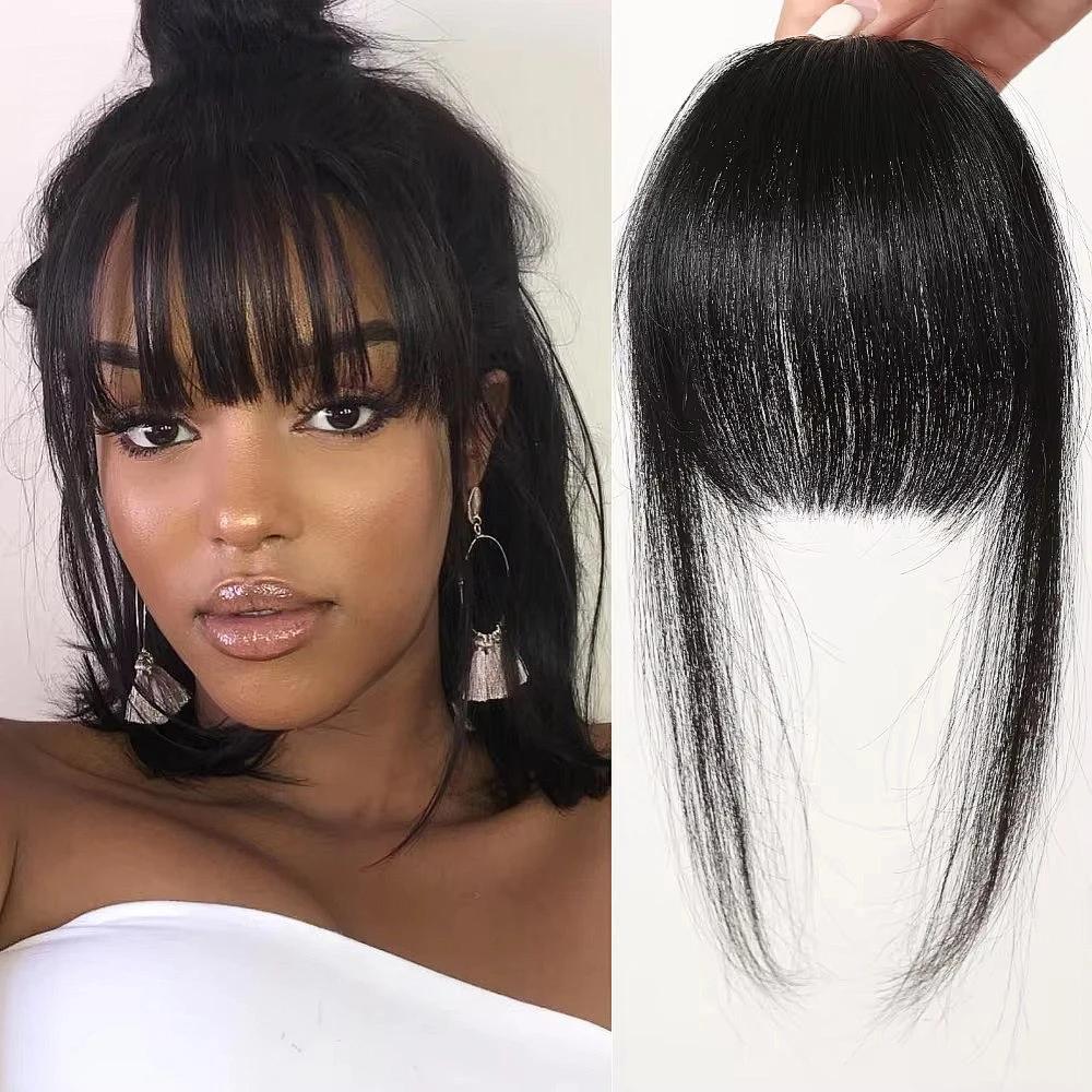 100% Echthaar Pony Naturbraun Haarclip Pony Fransen mit Schläfen Haarteil für Frauen Clip-on Luftpony 4,5 Zoll 1pc&6inches