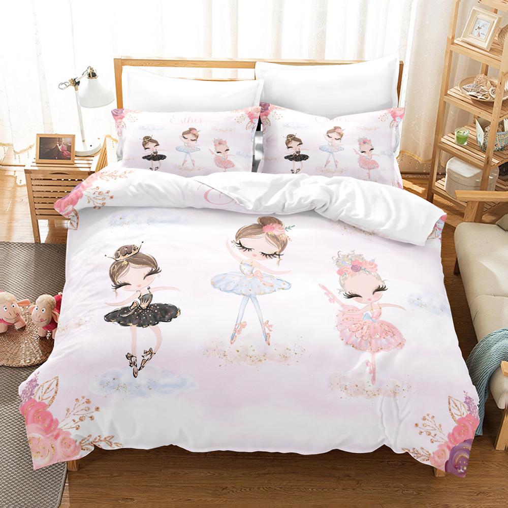 3D-Ballett-Mädchen-Bettwäsche-Set, Cartoon-Mädchen-Tanz-Steppdecke und Kissenbezug, 2/3 Stück, AU140 x 210, Einzel-/Doppelbett, Urlaubsgeschenk, Mädchenzimmer, weiche Heimtextilien Baby 100x135cm