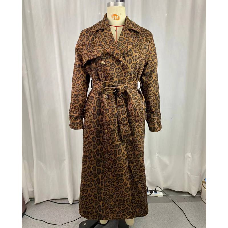 Vintage Frühling Herbst Trenchcoat Damen Lässig Lang Damen Übermantel Locker Windbreaker Mantel Jacken L Leo-Print