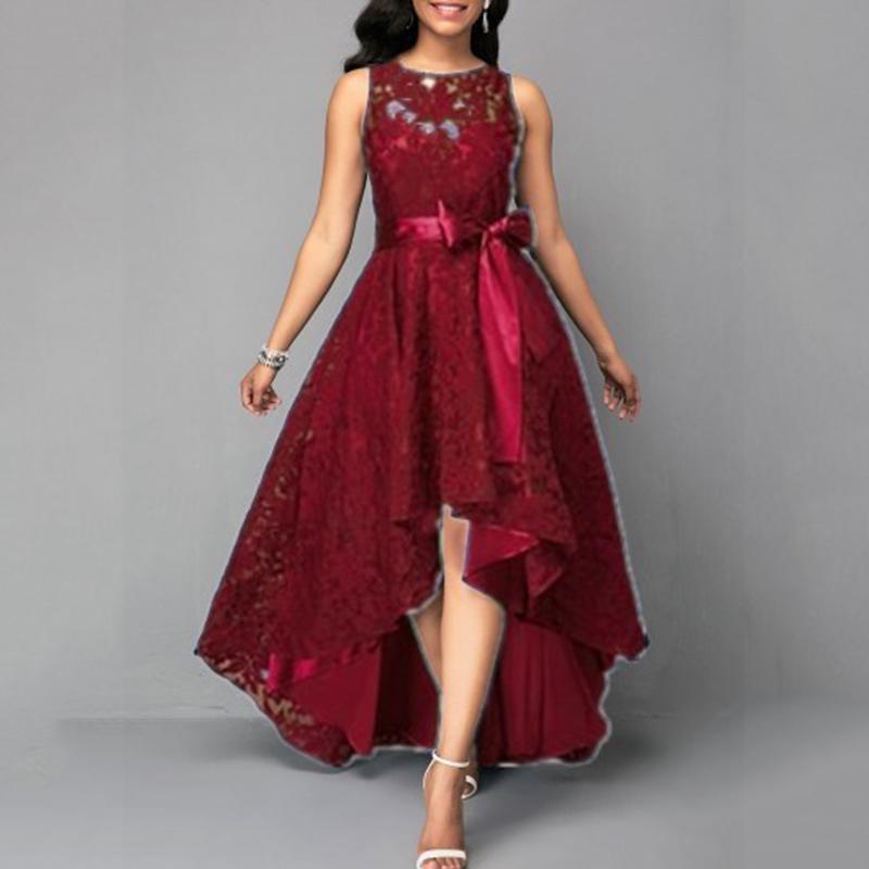 Damenmode, Cocktail-Formal, Swing, langes Vintage-Spitzenkleid mit Blumenmuster, Damen-Abschlussball, Abendparty, Hi-Lo-Kleider, Brautjungfern-Hochzeitskleid L rot