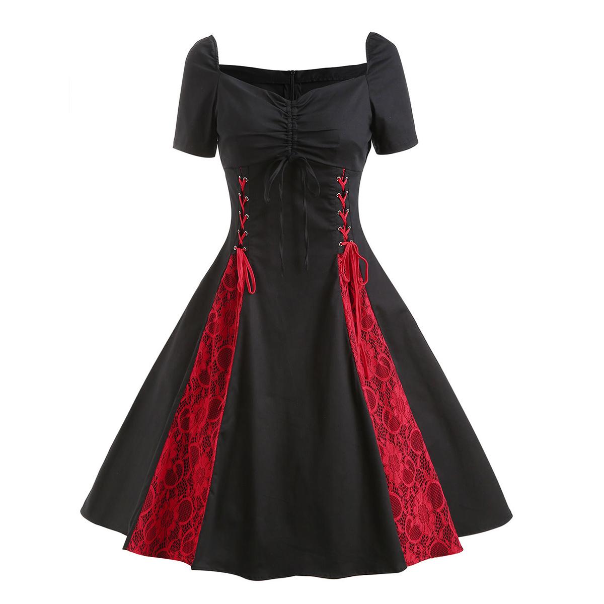 Damen Gothic-Kleid, schulterfrei, Spitzenträger, Übergröße, Vintage-Swing-Abend-Cocktail-Party-Kleider in Schwarz, Rot S schwarz