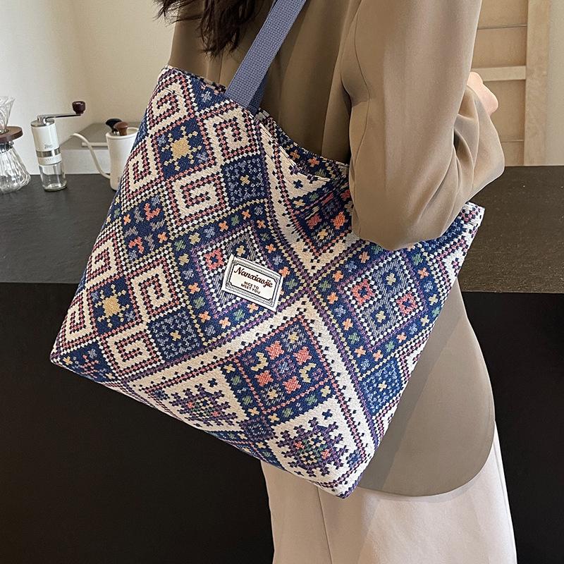 Große Kapazität Ethno-Stil Tasche Frauen Schulter Canvas Tasche Frauen Ins College Studenten Vielseitige Schulter Tasche Frauen gray