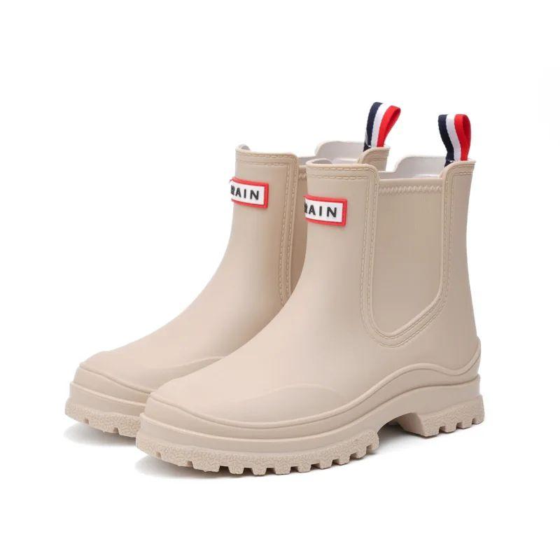 Kurze Damen-Gummistiefel, rutschfeste Wasserschuhe aus PVC, wasserdichte Outdoorschuhe, modische Damen-Wasserschuhe 39 khaki
