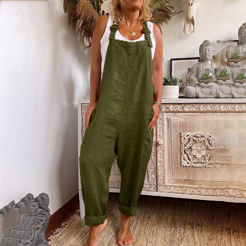 Damen-Overalls mit weitem Bein, verstellbarer Knopfleiste, Baumwollleinen, Arbeitskleidung mit Taschen XL grün