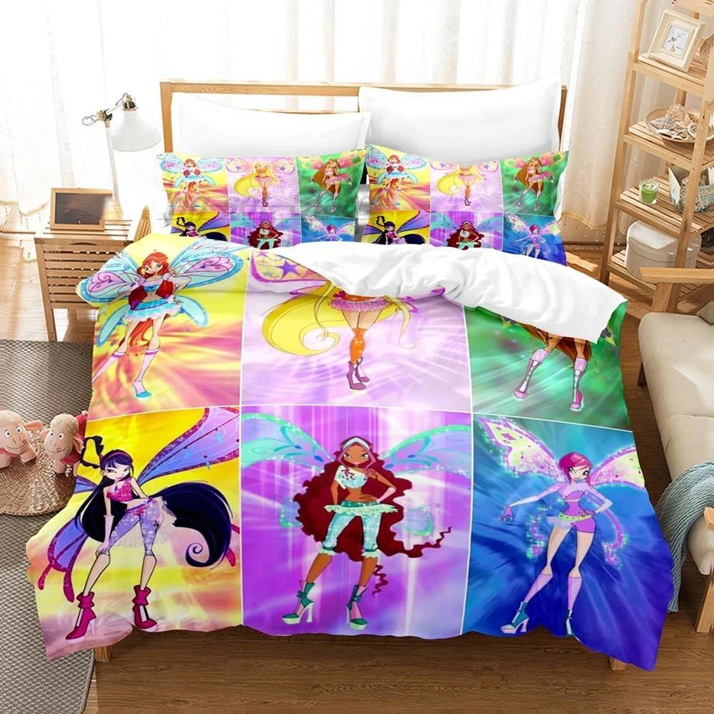 Winx Bettwäsche-Set, Einzelbett, Doppelbett, Queen-Size-Bett, King-Size-Bett, Bettbezug-Set für Erwachsene und Mädchen, Schlafzimmer, 3D-Druck, Anime, Kawaii AU Queen 210x210cm