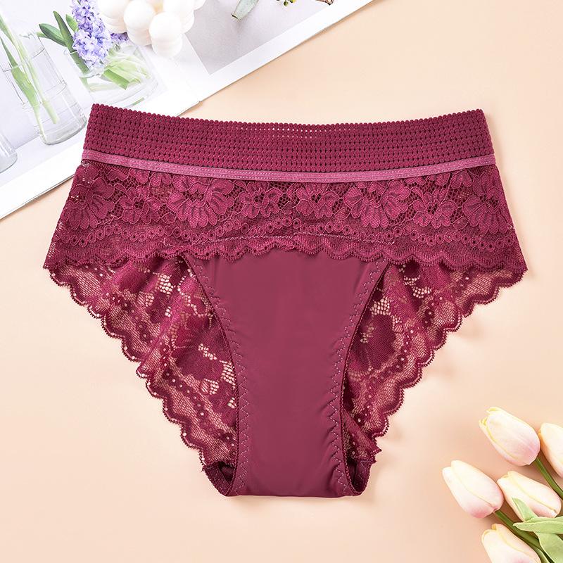 1XL-4XL Große Größen Damenunterwäsche Sexy Spitze Breiter Bund Slips Atmungsaktive Damenunterhose zum Anheben des Bauches 1XL wein rot