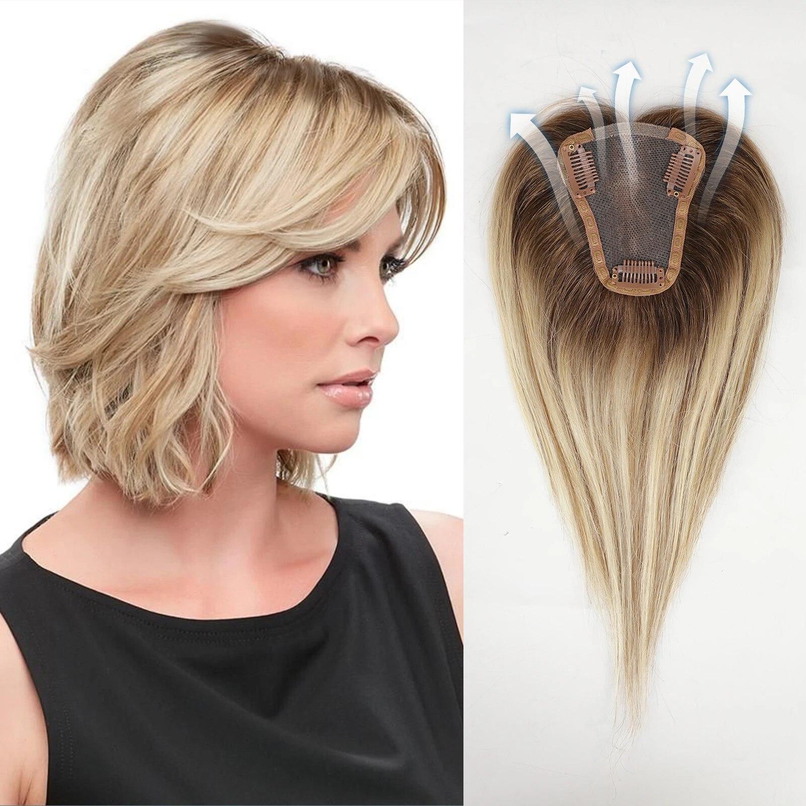 100 % Remy-Echthaar-Topper, Mittelteil, Ombre, hellbraun, goldfarben, Echthaarteile für Frauen mit dünner werdendem Haar, Clip-in-Topper