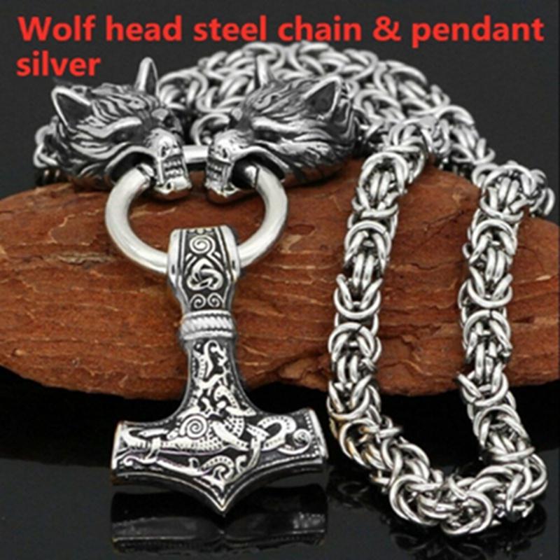 Nordic Herren 316L Edelstahl Wikinger Wolfskopf Stahlkette und Thors Hammer Mjolnir Anhänger Halskette Wikinger Herren Amulett Schmuck Geschenk silber