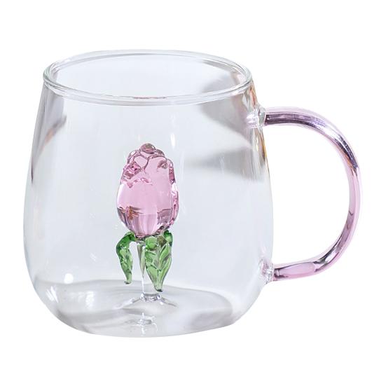 Handgefertigtes Glas Tier Pflanzenform Transparentes Wasserglas Niedliches Kaffee Milch Trinkglas mit buntem Henkel Rose
