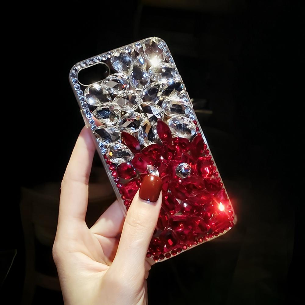 Luxus Strass Kristall Blume Handyhülle Für Samsung Galaxy S26 S25 S24 S23 S22 S21 S20 Ultra Plus FE Edge S10 S9 Glitzer Edelstein Hülle Samsung Galaxy S21 weiß/rot