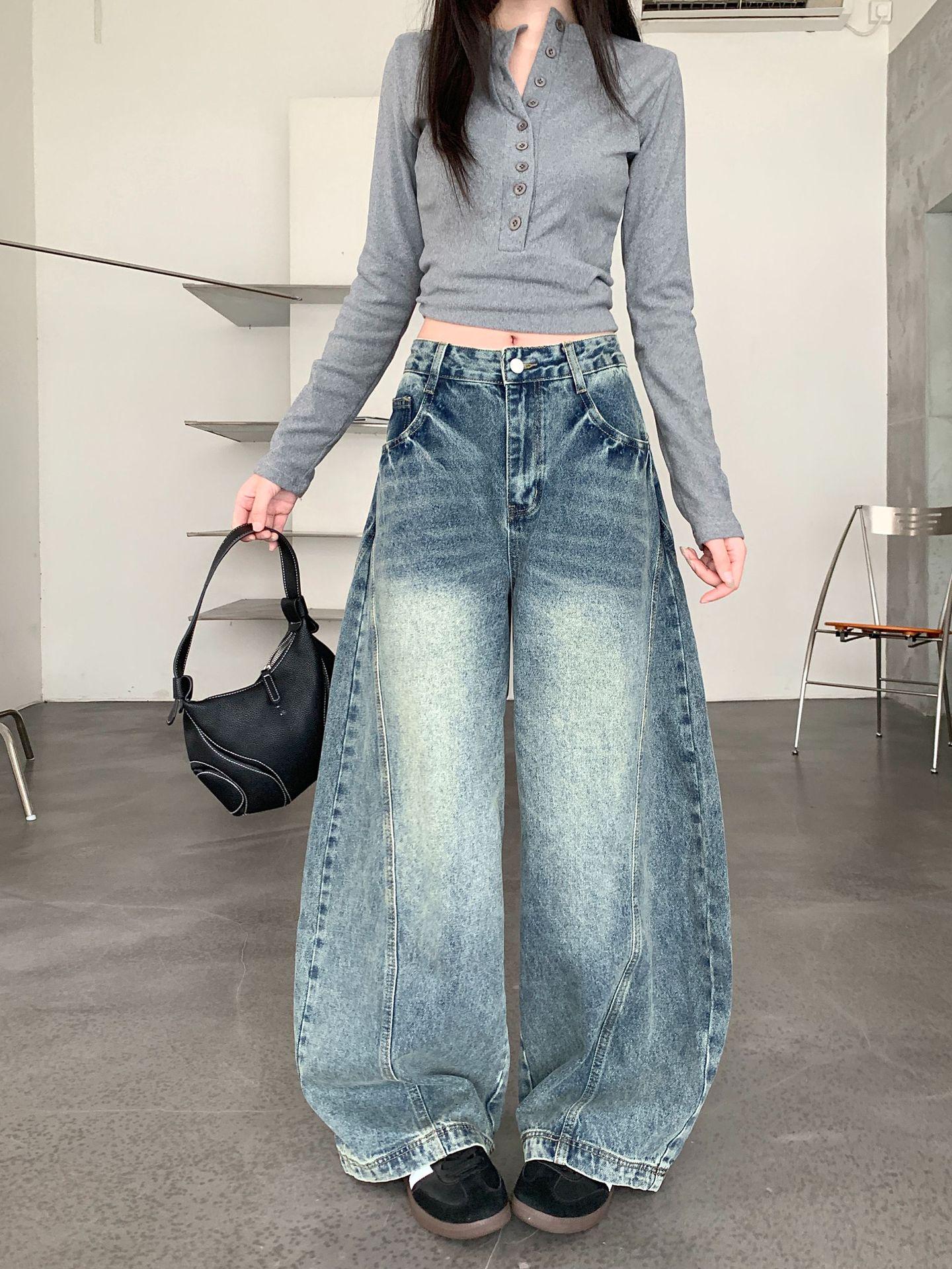 Damen American Retro Distressed Blue Wide-Leg Jeans - Vielseitig, Figurformend und Bodenlang für den Herbst 4XL