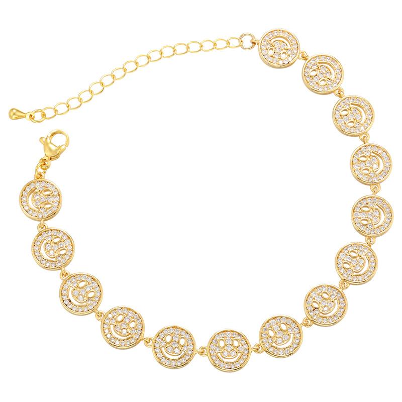 Mikro-Set Smiley-Gesicht Armband, Bronze-Armband, Schlichter Zirkonia-Schmuck, Verstellbares Armband mit Verlängerungskettchen Vl164 gold