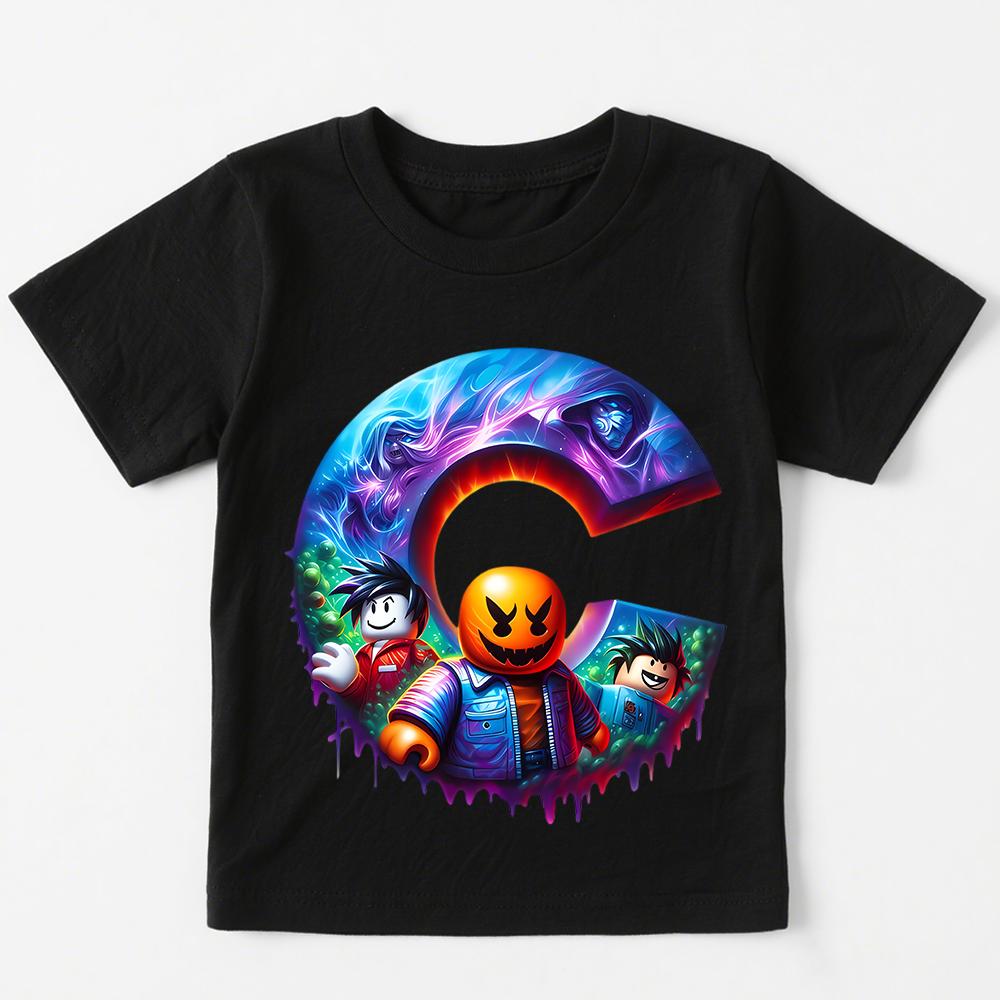 Roblox 26 Alphabetbuchstaben Bedruckte Baumwoll-T-Shirts Für Jungen Mädchen Kinder Kurzarm Freizeit-T-Shirts Kinder Sommerkleidung 140 black