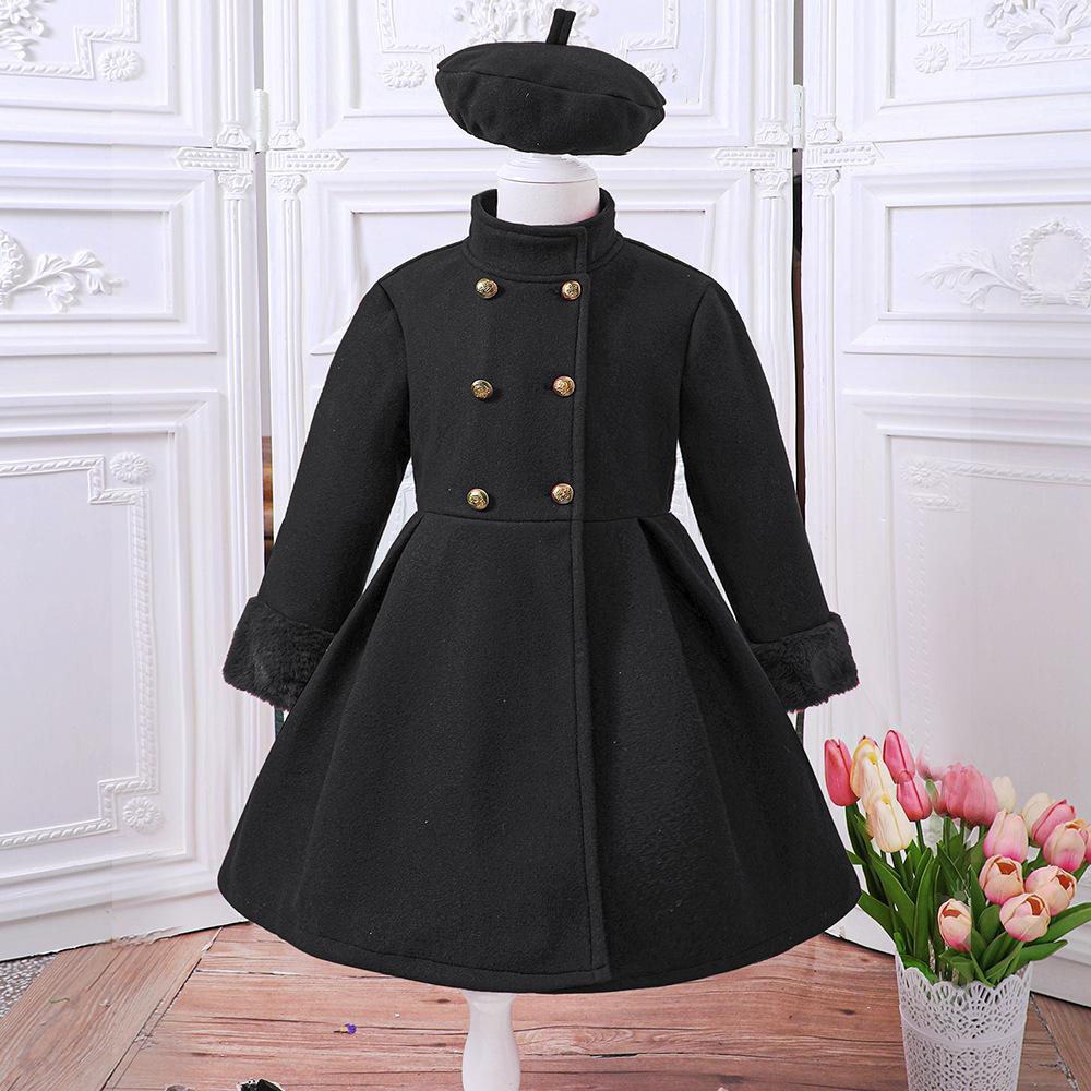 Kinderbekleidung Mädchen Mantel Herbst Winter Stehkragen Bindegürtel Zweireihige Jacke + Hut 11-12Y schwarz