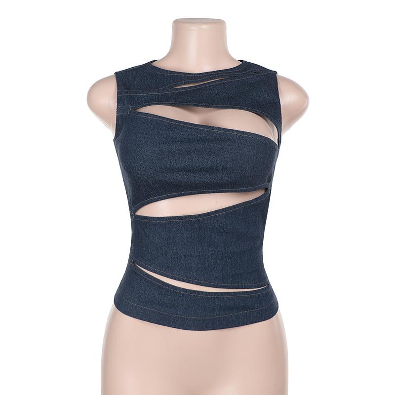 Sexy Hollow Denim Westen für Frauen Mode Slim O Neck Sleeveless Tshirts Hot Girls Club Bodycon Durchsichtige Tank Tops Weibliche Strandparty Westen S blau