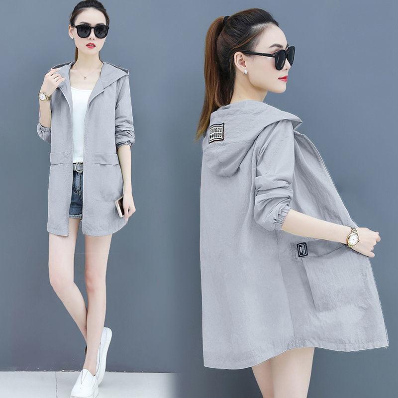 Frauen Sommer Einfarbig Mit Kapuze Dünne Jacke Im Freien Sonnenschutz Kleidung Beiläufige Lose Jacke Mantel XXL grau