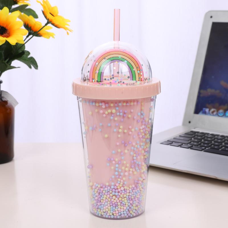 Kreative Regenbogen Kunststoff Wasser Tasse Modische Große-kapazität Damen Stroh Tasse Sen Serie Doppel Farbe Perle Glatte Trinken Tasse