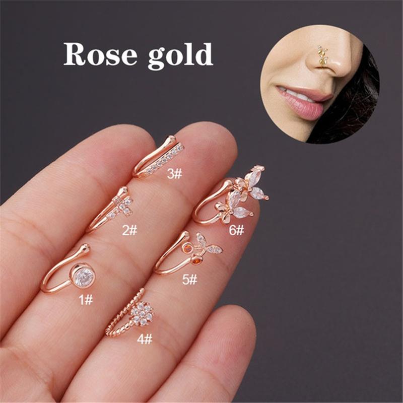 1 Stück Schmetterling, nicht durchbohrt, ohne Loch, Nasenring, Clip auf Nasenring, Fake-Piercings, Ohrstulpe, Tragus-Ohrringe, Knorpel 6 rose gold