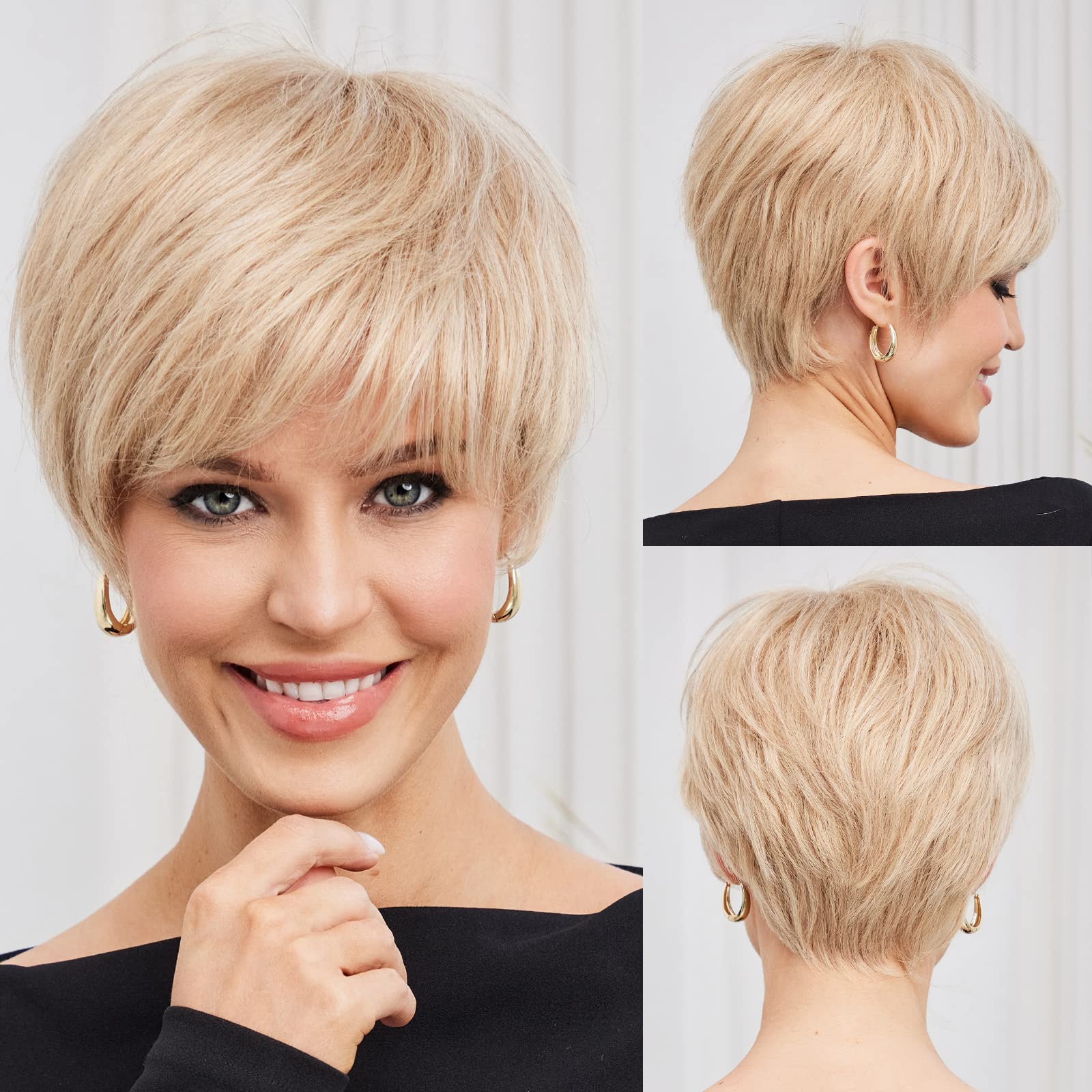 HAIRCUBE Bob Pixie Cut Hellbraune geschichtete Remy-Menschenhaarperücken mit Pony, kurze natürliche Wellen, Echthaar, maschinengefertigte Perücken für Frauen, Afro