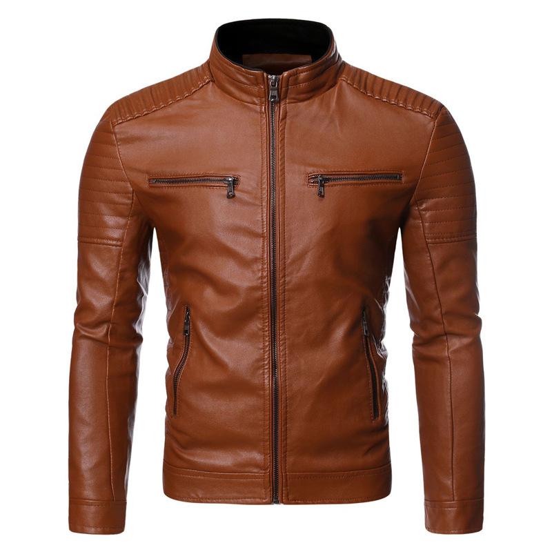 Herren Frühling und Herbst Stehkragen Gestreifte PU Lederjacke Motorrad Lederjacke S