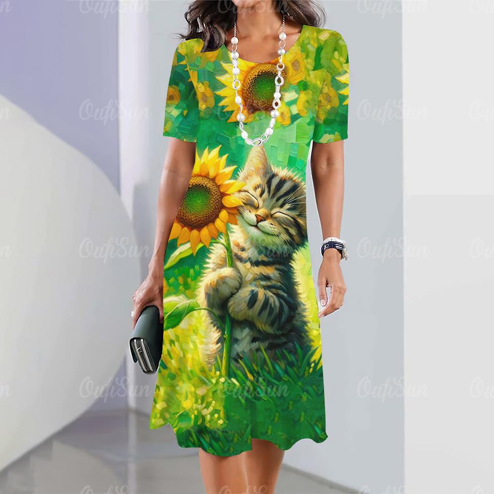 Neue Damenkleider mit Cartoon-Katzen-Aufdruck, Sommerurlaub, elegantes Kleid, kurzärmelige Kleider für Damen, modische übergroße Kleidung XL green