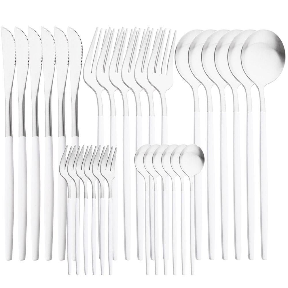30-teiliges Besteckset aus Weißgold, matt, Geschirr, Messer, Gabel, Löffel, Edelstahl, Besteck, Küche, Party, Geschirr-Set silber/weiß