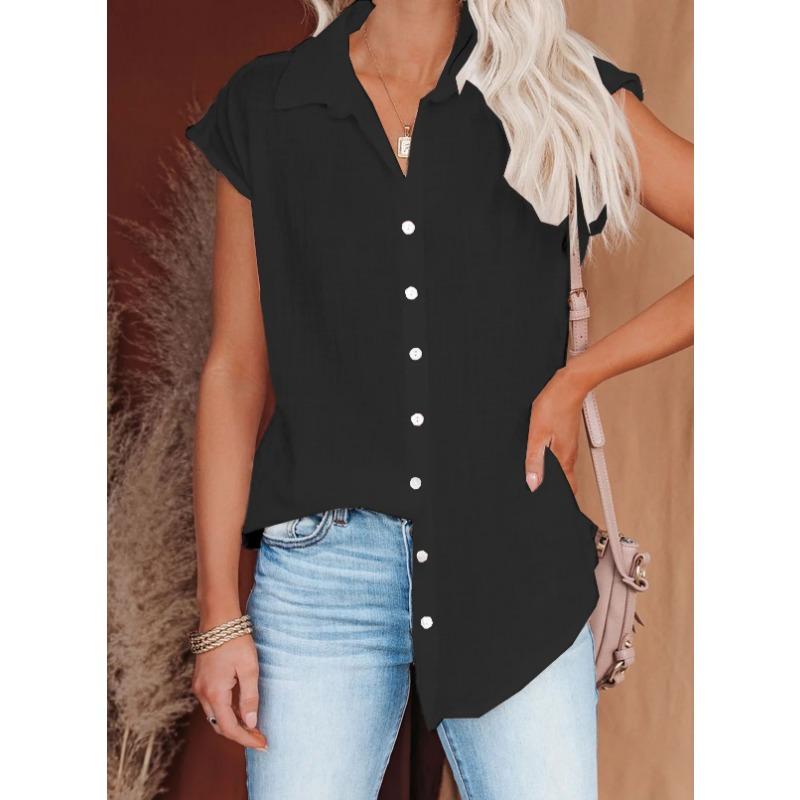 Sommer Ärmellos Einfarbig Locker Bluse Hemden Lässig Damen Umlegekragen Knopf Bluse Tops 5XL schwarz