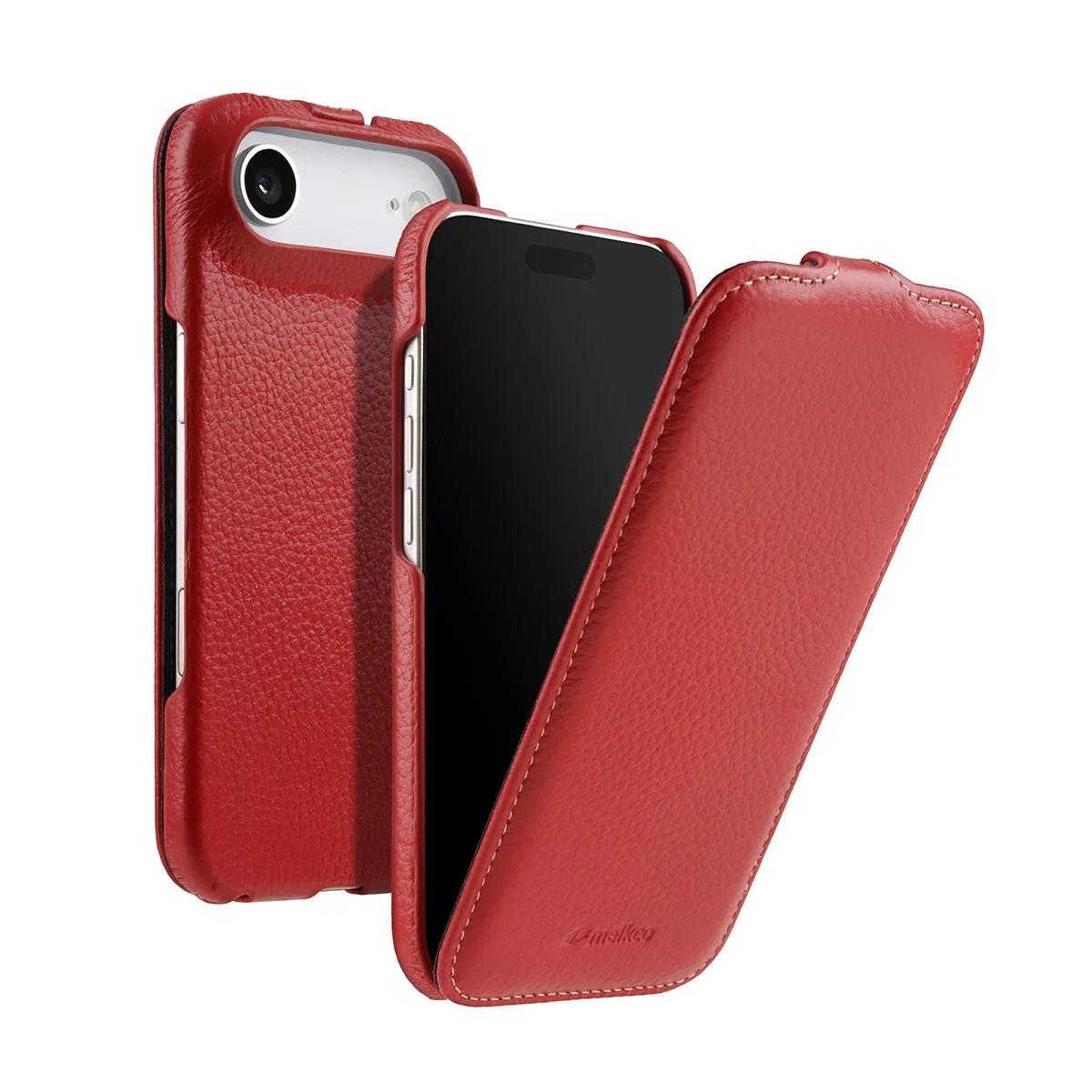 Echte Rindsleder Flip Magsafe Hülle für iPhone 17 16 Pro Max Air Magnetische Ladehüllen Vertikale Braune Handyhülle For IPhone 17 Air rot