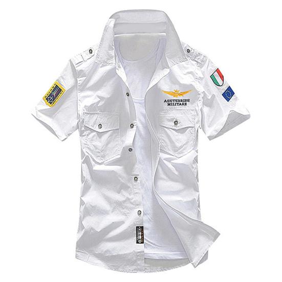 Militär Herren Buchstaben Stickerei Aufnäher Tasche Slim Button-Down Kurzarmhemd XXXL weiß