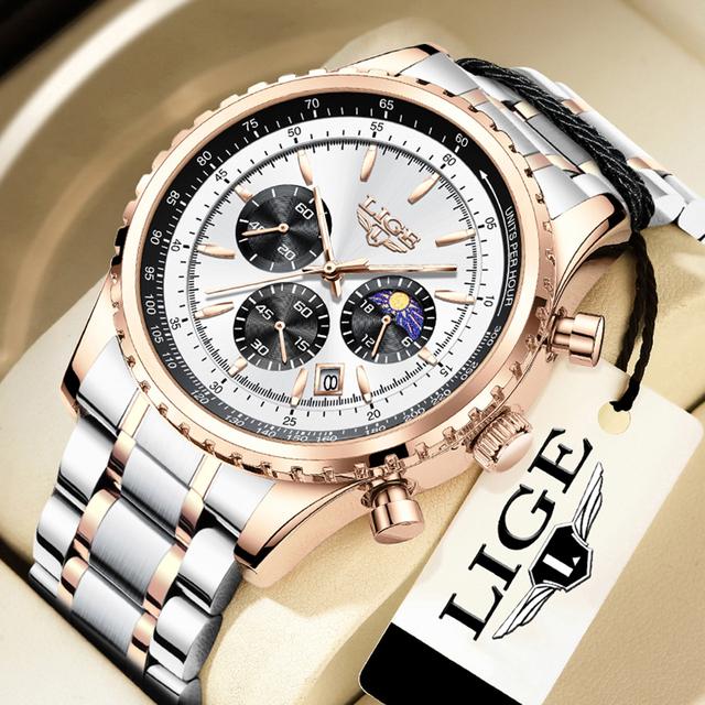 LIGE Neue Herrenuhren Top-marke Luxus Männer Armbanduhr Leder Quarzuhr Sport Wasserdicht Datum Chronograph gold/weiß