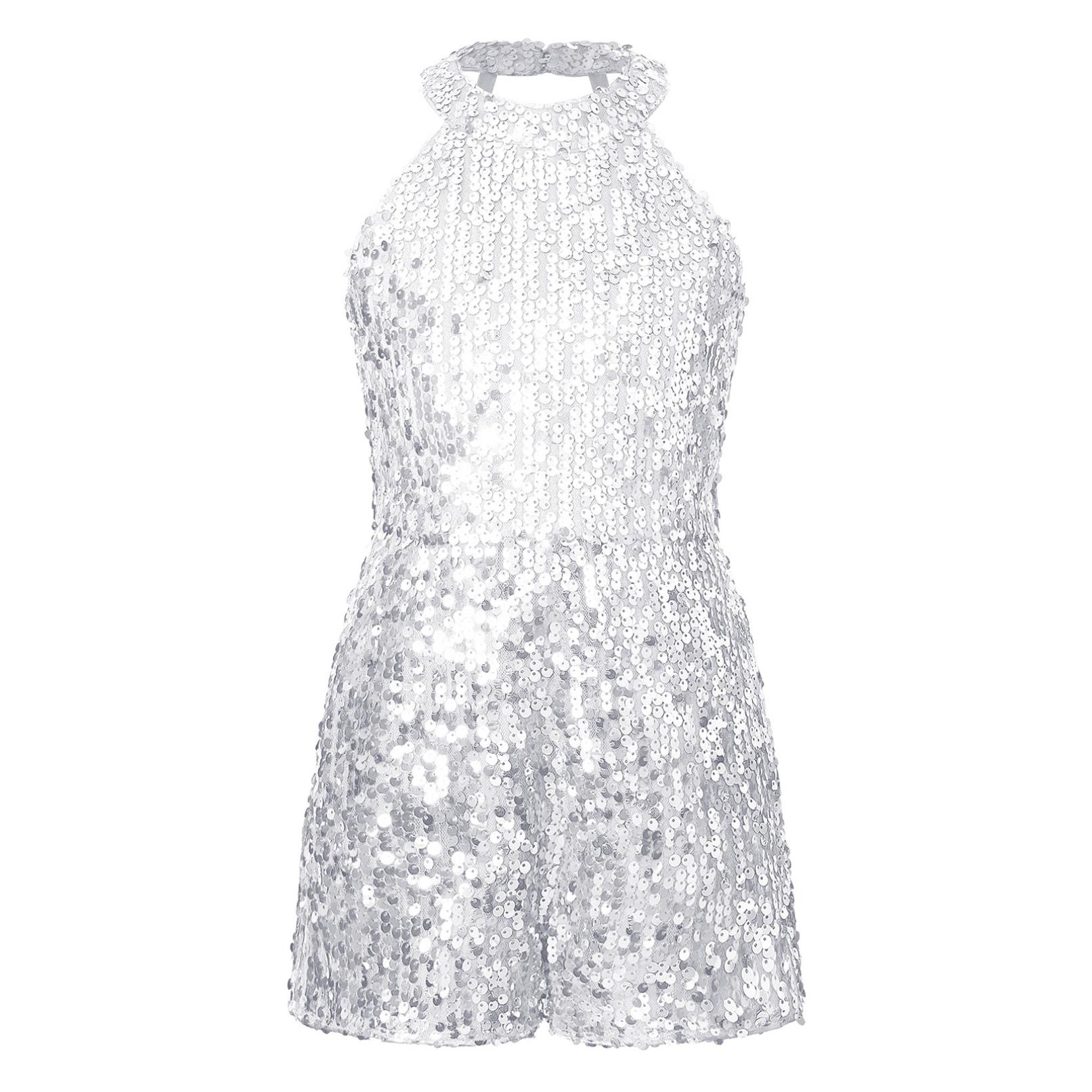 Kinder Mädchen Overall mit Allover-Pailletten, kurzer Overall, Neckholder, Riemchenrücken, ärmellos, kurzer Party-Einteiler 5-6 Years silber