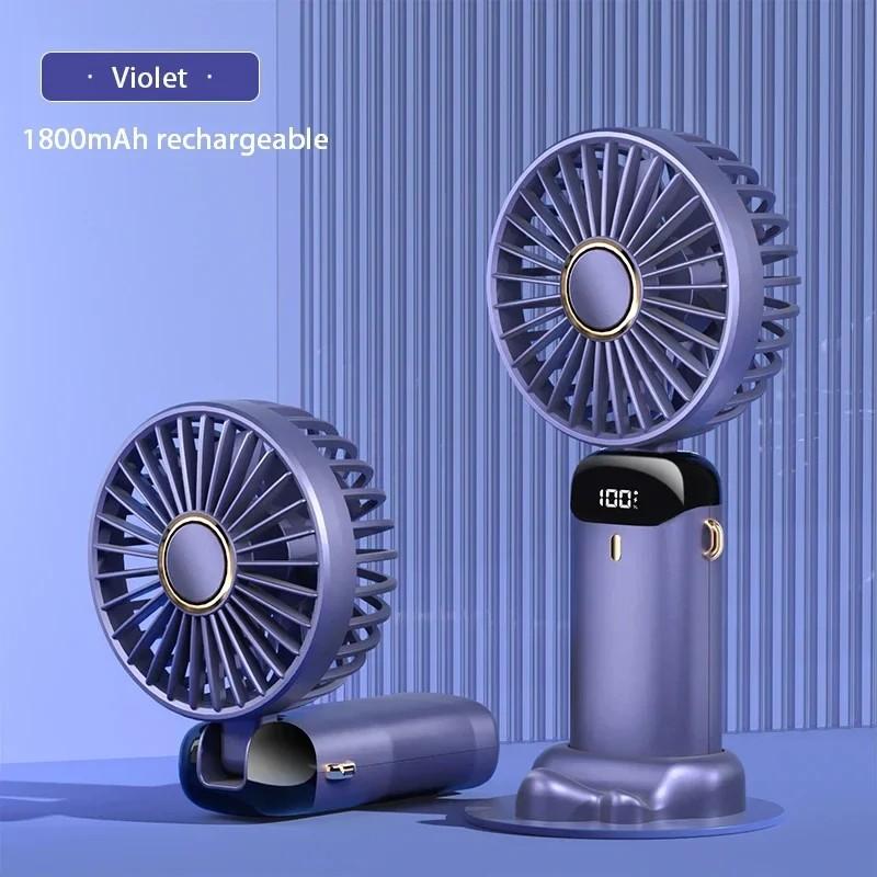 Handgehaltener Mini-Ventilator, faltbar, tragbar, zum Aufhängen am Hals, 5 Geschwindigkeiten, wiederaufladbarer USB-Ventilator mit Telefonständer und Display, 1800 mAh violett